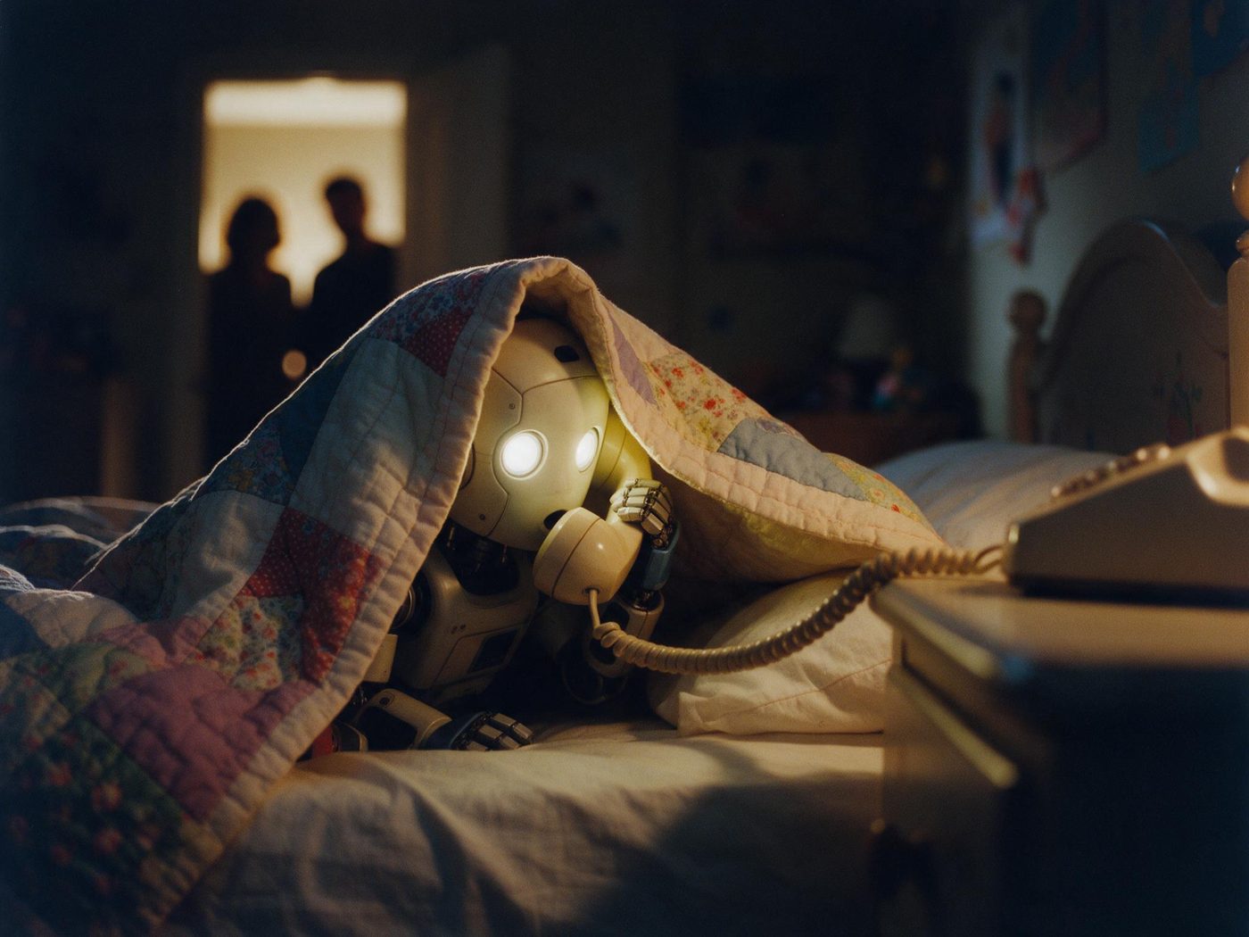 A small robot hides under a quilt in a dark bedroom at night, whispering into a corded telephone