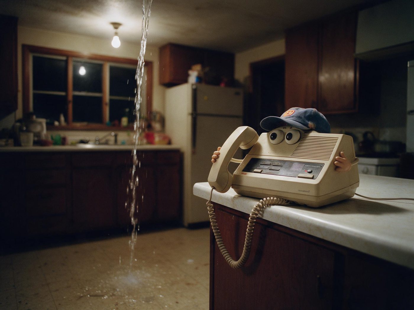 An old answering machine wearing a plumber's cap holds a telephone handset on a kitchen counter while water pours through the ceiling