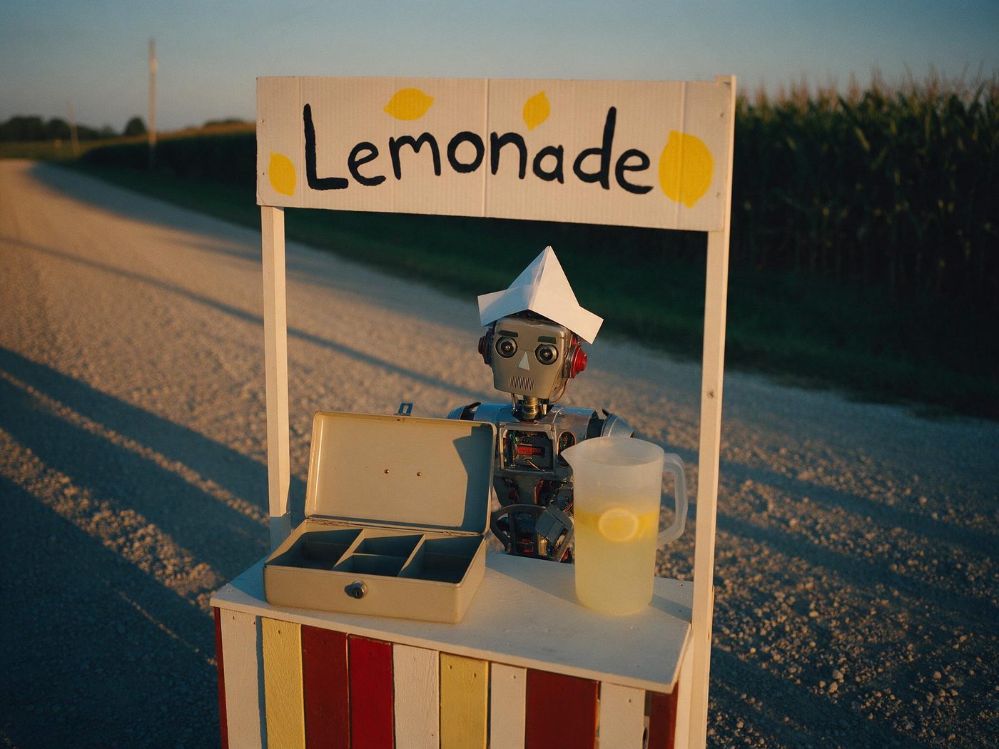 A small robot in a paper hat behind a homemade lemonade stand on an empty gravel road at dusk, cash box open and empty