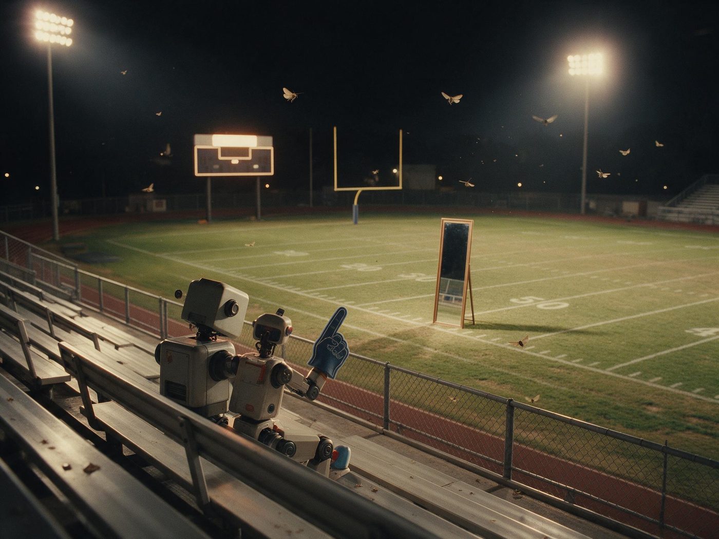 A lone robot cheers with a foam finger in empty stadium bleachers, facing a mirror set up on the field