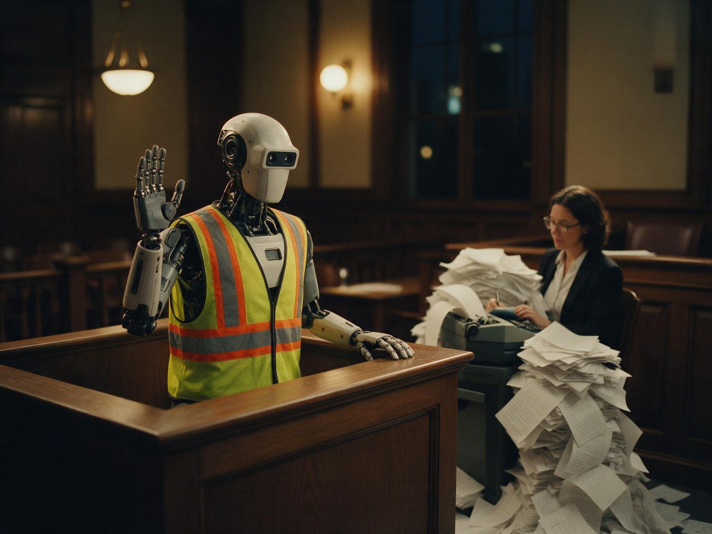 A robot in a high-visibility safety vest raises its right hand in a courtroom witness box beside a stenographer buried in paper