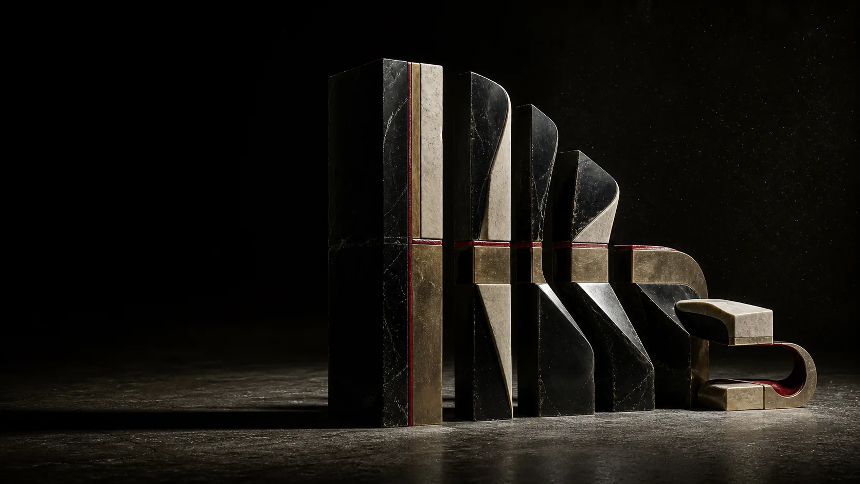 A black stone and brass sculpture separating into several reversible paths